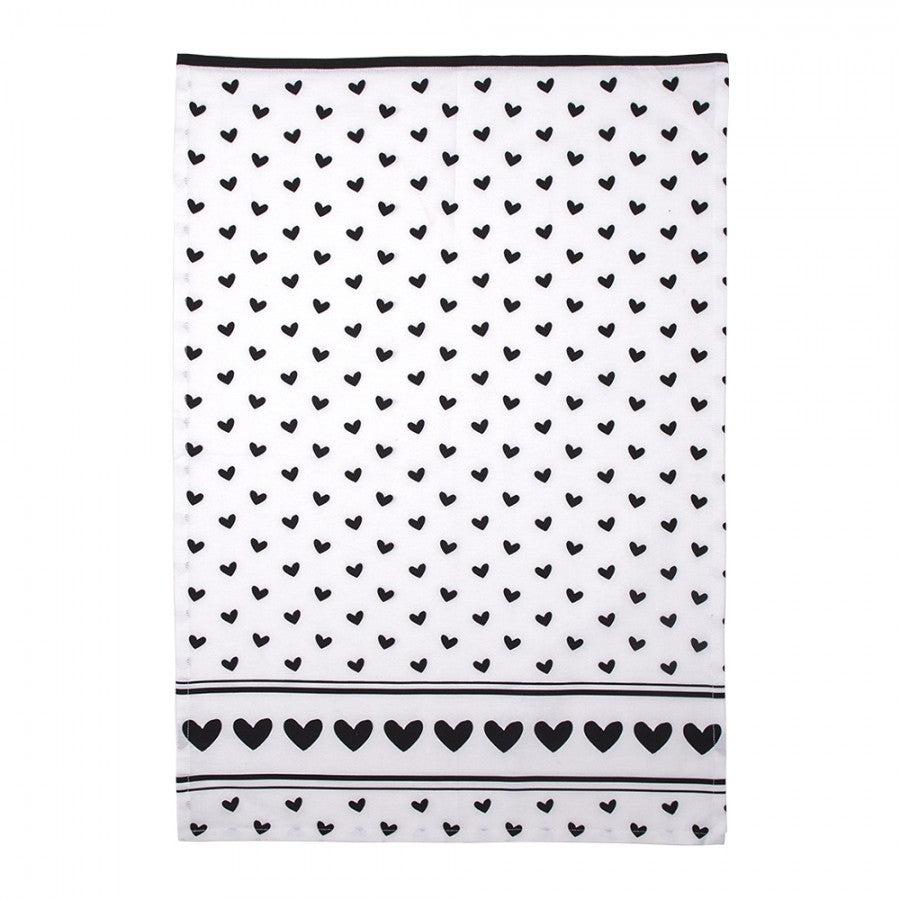 Ręcznik kuchenny bawełniany biało czarny ptaszki i serduszka Clayre Eef