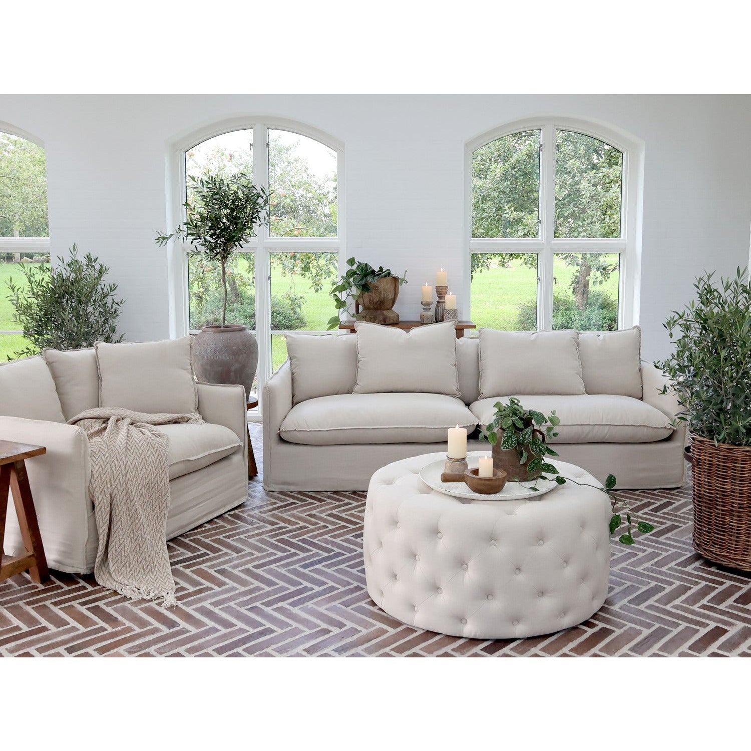 Pufa pikowana Malo z lnu Hampton 90 cm Chic Antique