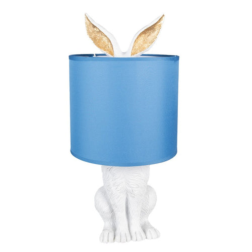Lampa stołowa biały Królik z niebieskim abażurem Clayre Eef