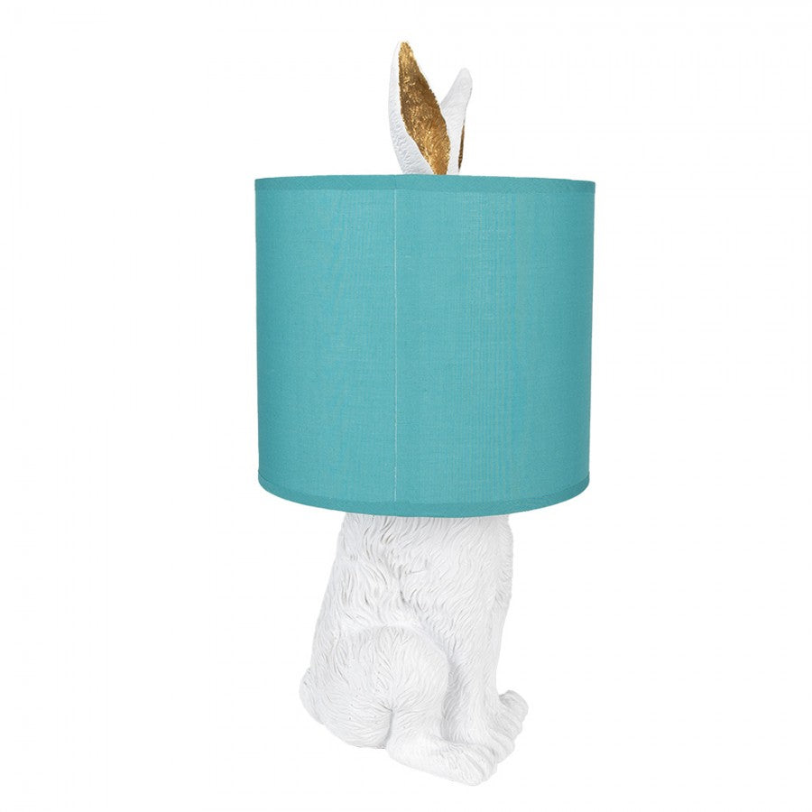 Lampa stołowa biały Królik z turkusowym abażurem Clayre Eef