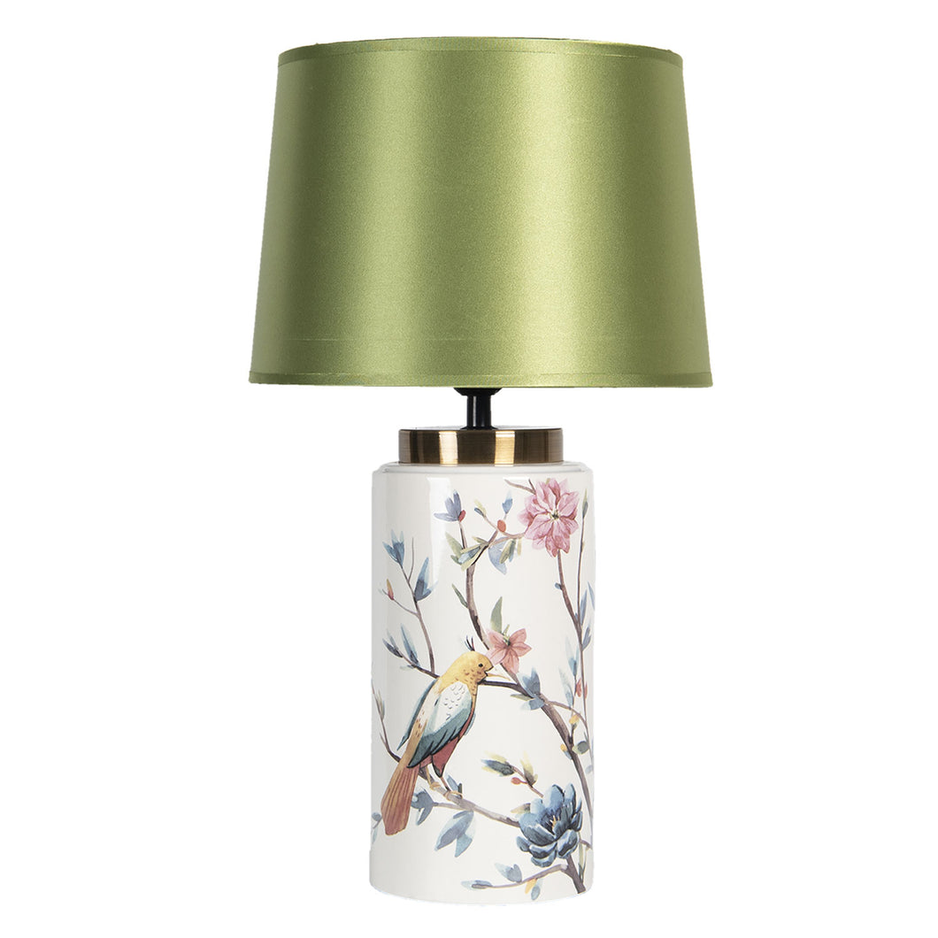 Lampa stołowa ceramiczna ptaki z zielonym abażurem Clayre Eef
