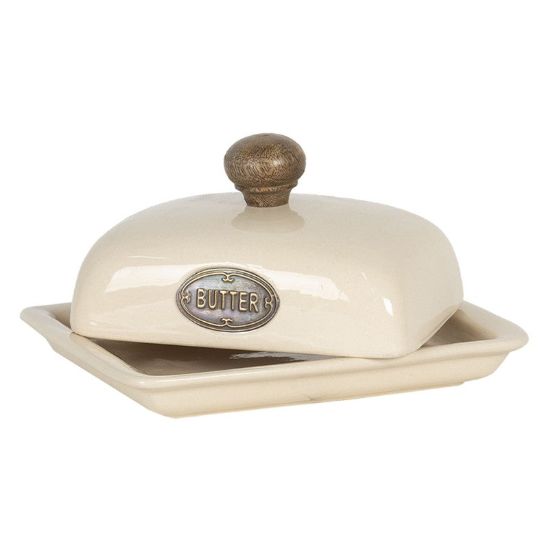 Maselniczka ceramiczna beżowa Butter z drewnem Clayre Eef